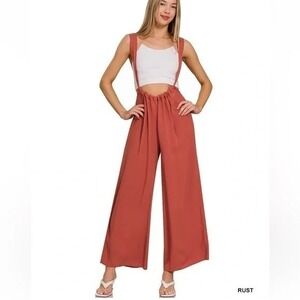 Zenana Womens Wide Leg Suspender Jumpsuit L Rust Boho Summer Festival